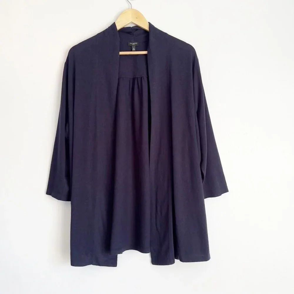 Talbots Open Cardigan Woman Plus SZ 3X Navy Blue Front Sweater 3/4 Sleeves